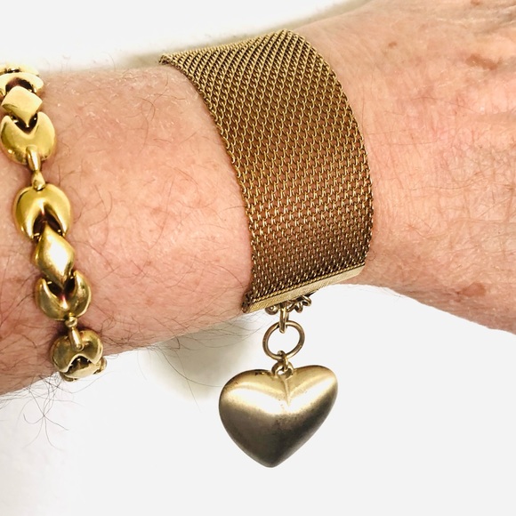 Vintage Brass Gold Electroplated Puff Heart Charm Wide Mesh Bracelet - Picture 2 of 14